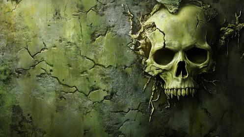 Decayed skull emerging from cracked moss-covered stone wall.