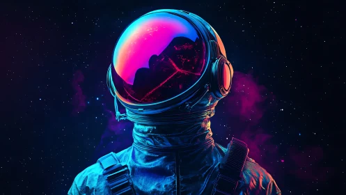 Neon-lit astronaut stands against deep starfield backdrop