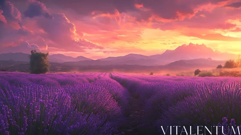 Lavender fields glow under a soft and dreamy sunset sky.