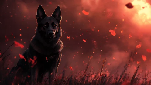 German shepherd silhouette against ember-lit dusk sky and petals