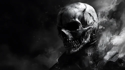 Smoldering skull warrior emerges from swirling black smoke