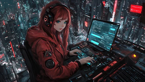 Cyberpunk redhead hacker commands neon city mainframe.