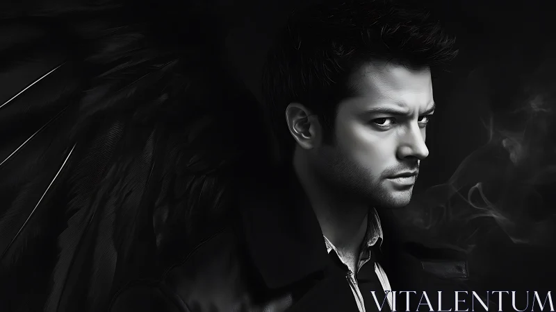 Dark winged man in black coat against smoky backdrop.