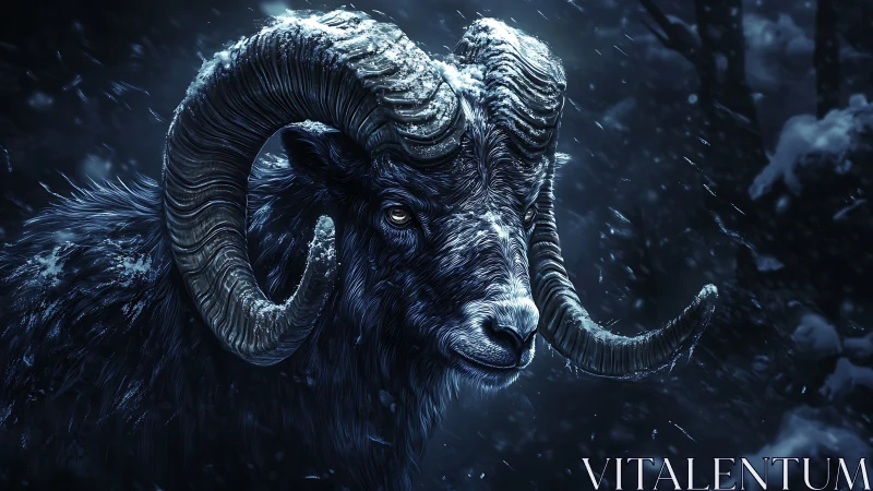 Ram stands in dark snowy forest rendered in blue light