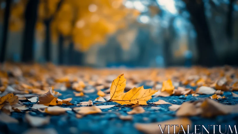 Golden leaf resting on asphalt in softly blurred autumn park.