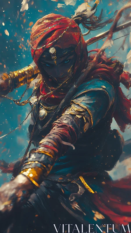 Hooded warrior in red and gold lunges forward with weapon