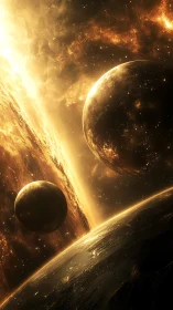 Golden cosmic orbits drifting through a glowing starlit veil.