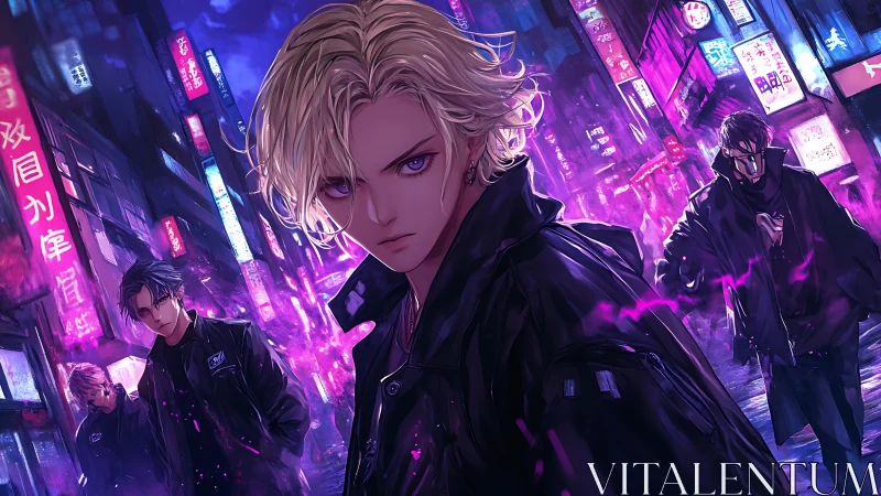 Blond gang leader strides through neon city alley at night