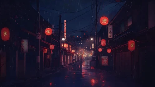 Rainy lantern-lit alleyway glows softly in midnight silence