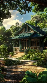 Cozy woodland cottage porch tucked into golden morning light.