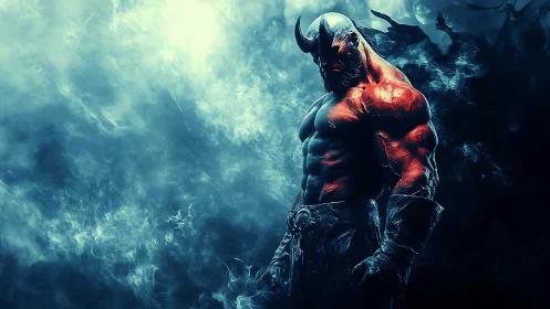 Infernal horned warrior in blue fog with dramatic rim lighting