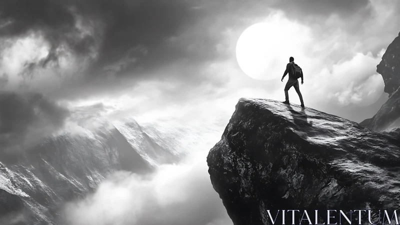 Lone climber surveys stormlit ridge under harsh white sun.