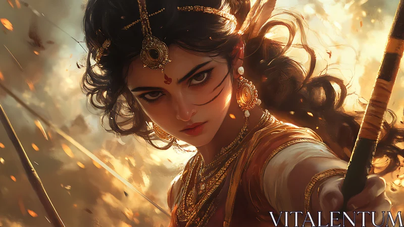 Warrior goddess archer amid blazing golden embers.