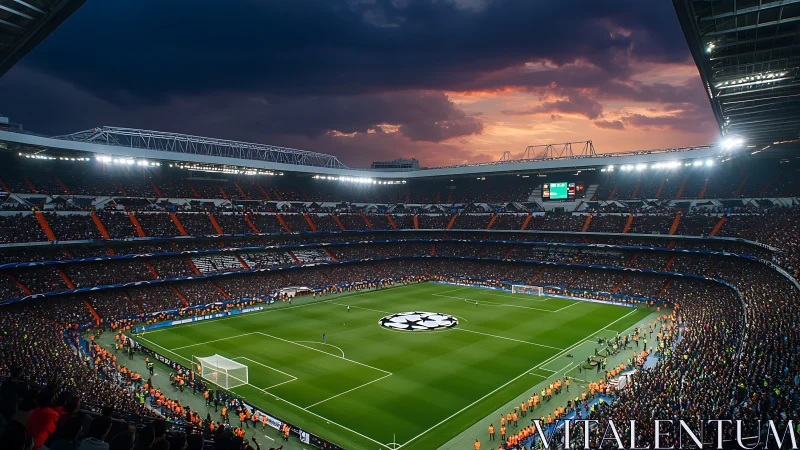 Floodlit football stadium panorama under dramatic sunset sky