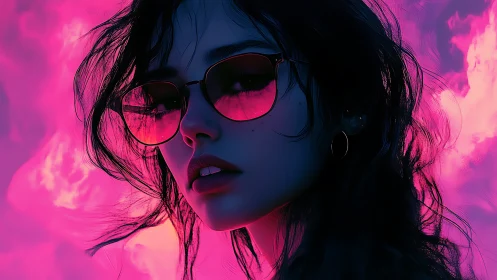 Neon‑lit woman in sunglasses gazes into vibrant pink sky