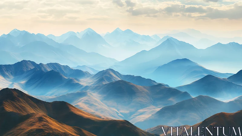 Azure mountain waves roll through a dreamy dawn horizon.
