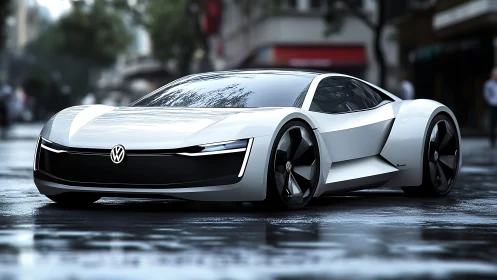 Volkswagen electric supercar concept on wet urban streetscape.