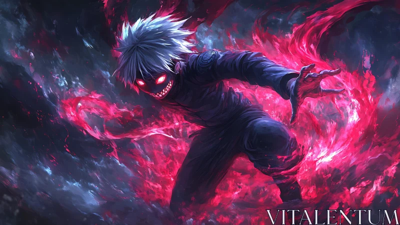 Anime infernal sorcerer in dynamic crimson energy vortex.