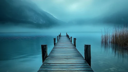 Silent teal pier drifting into a mist-drowned horizon.