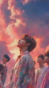 Digital painting of ethereal youth collective under blazing sky.