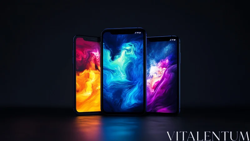 Neon galaxies swirl inside three midnight-bright smartphones