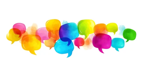 Multicolor translucent speech bubbles on white digital canvas.