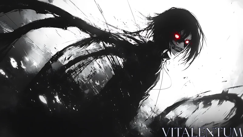 High contrast demon portrait with red emissive eyes and ink splatter