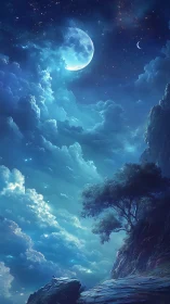 Lunar-illuminated cliffscape under volumetric nebular clouds.