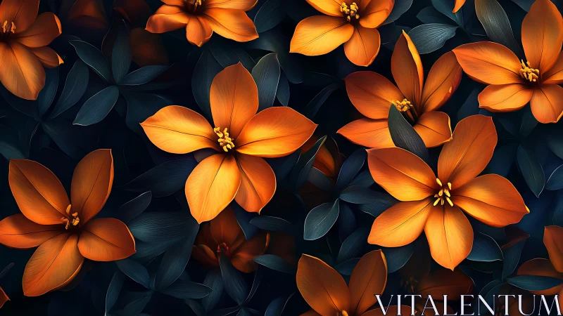 Orange Flowers Against Dark Foliage. Luminous Botanical Study.