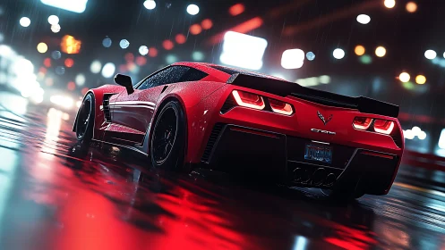 Red sports coupe is rendered on wet neon city street at night
