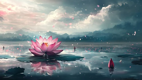 Lotus blossom rendered with atmospheric depth and reflective water