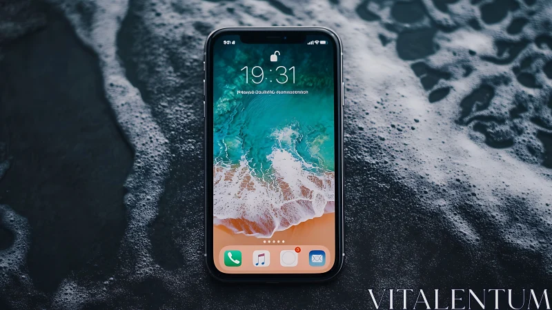 iPhone on Dark Sand Beach with Ocean Waves Wallpaper.
