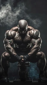 Powerful bodybuilder resting in a cloud of quiet focus.