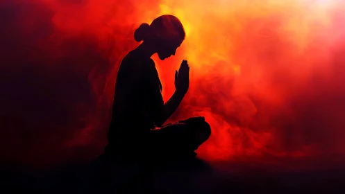 Quiet moment of meditation in soft glowing sunset light.