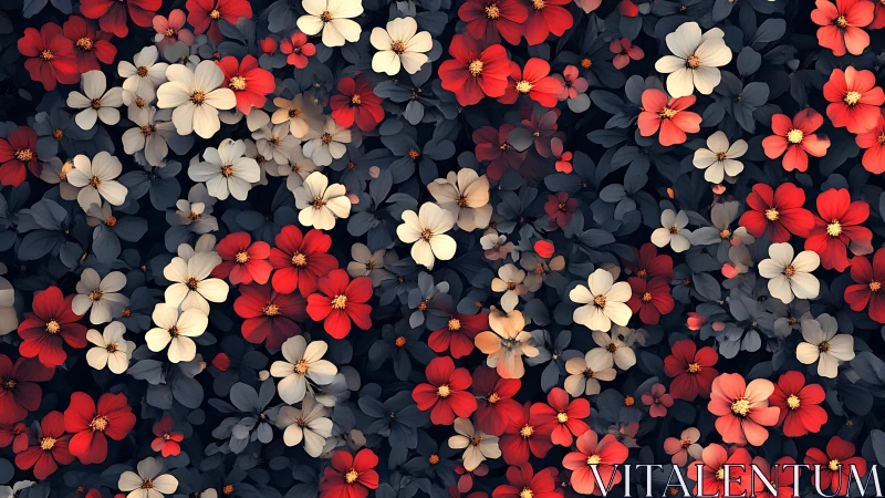 Dense floral arrangement with red, cream, and dark foliage layered throughout composition