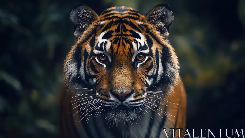 Telephoto close-up of tiger portrait in low-key forest light