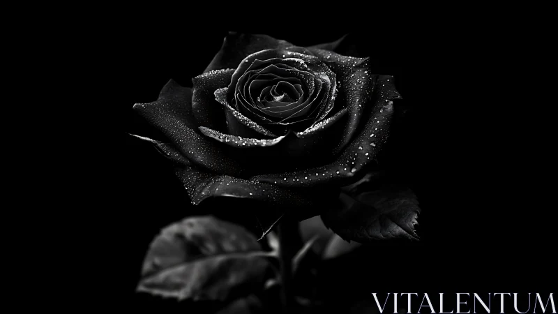 Noir velvet rose drenched in moonlit silver dew drops.