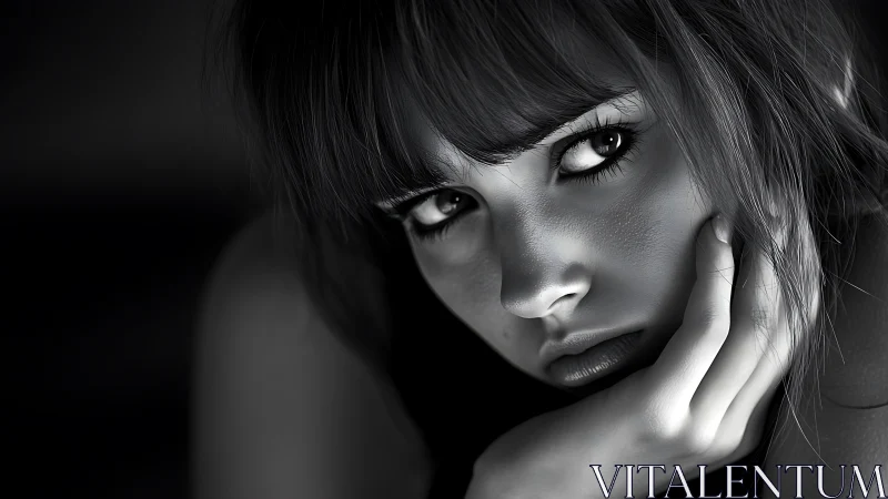 Monochrome close portrait of pensive young woman&rsquo;s face.