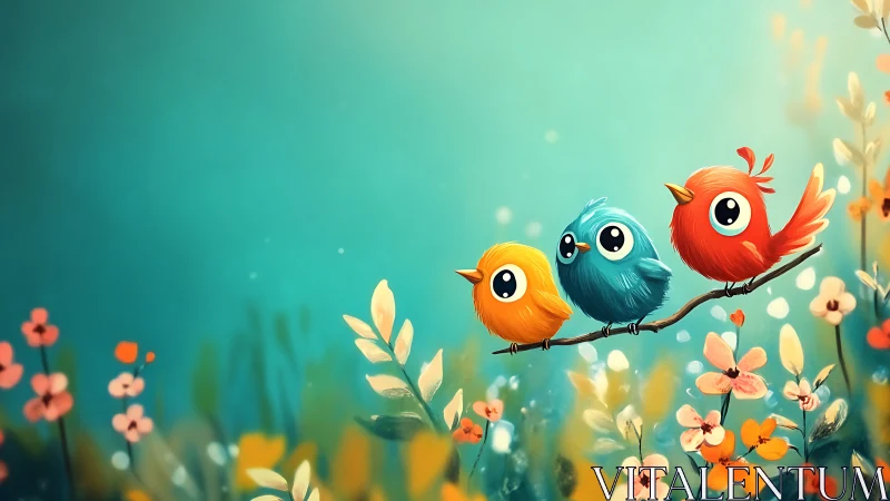 Three Cute Cartoon Birds on Branch in Whimsical Spring Meadow Art.