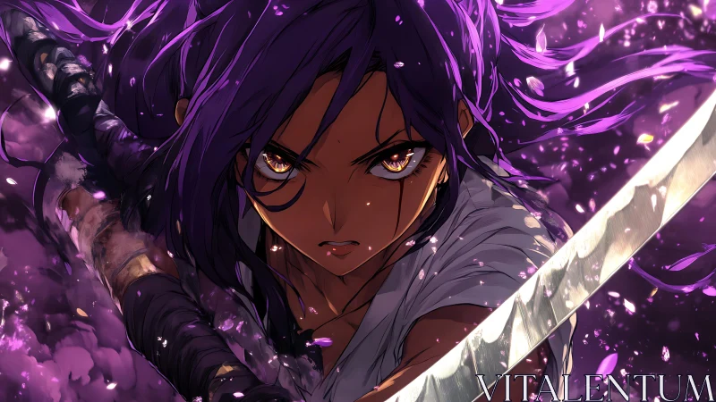 Purple haired swordswoman advances with blade in foreground