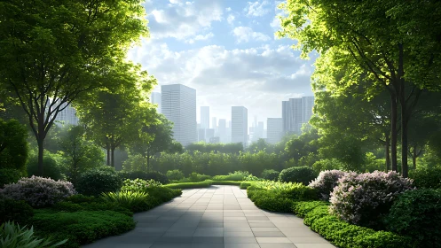 Garden corridor to a skybright city of softened towers.