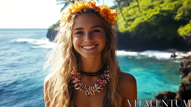 Tropical Portrait: Woman with Flower Crown by Ocean.