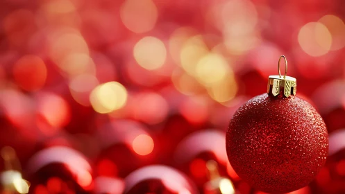 Red Christmas ornament in sharp focus against bokeh field.