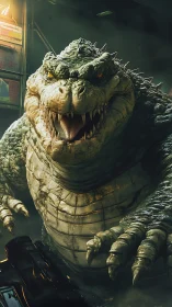 Garage gator titan grins over neon-soaked urban lair.