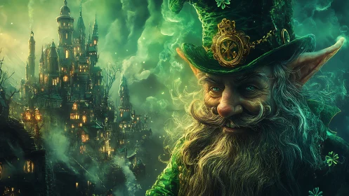 Emerald leprechaun close-up with illuminated gothic citadel backdrop.