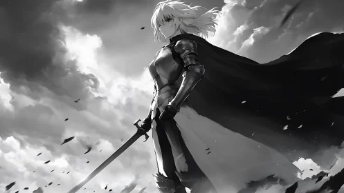 Armored swordswoman under turbulent cloudy sky in grayscale.