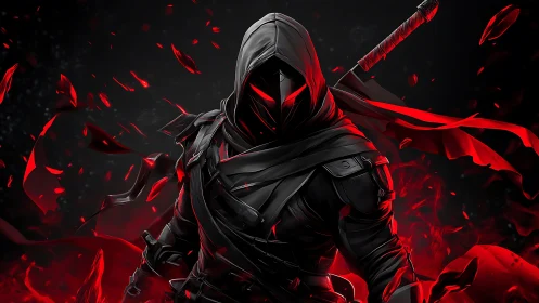 Hooded cyber ninja stands in red energy storm