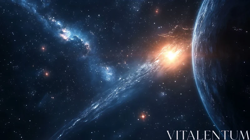 Gentle cosmic fire streaking past a sleeping blue planet.