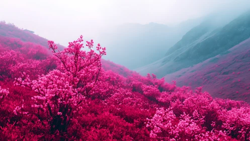 Infrared alpine bloomscape with saturated magenta gradients.