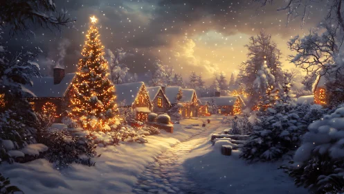 Snowlit Christmas village glows under storybook winter sky.